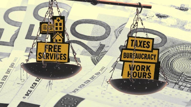 Against a backdrop of cash, a set of scales, with "Free Services" on one side and "Taxes," "Bureaucracy," and "Work Hours" on the other. | Illustration: Eddie Marshall | Erik1977 | Dreamstime.com | ChatGPT | Midjourney