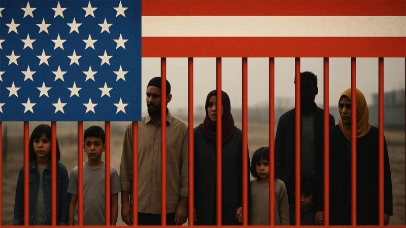 Immigrants stand behind the American flag as it melts into prison bars | Illustration: Eddie Marshall | ChatGPT