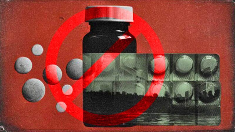 Opioid pills and a prescription bottle, with a red cancel sign in front of it | Illustration: Eddie Marshall | Midjourney