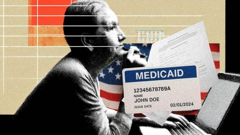A person sits against a tan, red, orange, and white background with a laptop in front of him, an American flag behind him, and a Medicaid card across the image A person sits against a tan, red, orange, and white background with a laptop in front of him, an American flag behind him, and a Medicaid card across the image | Illustration: Eddie Marshall | Nancy Walker | Dreamstime.com | Midjourney | ChatGPT