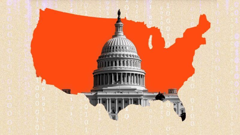 Illustration of the Capitol on a map of the U.S. with lines of binary on top | Illustration: Eddie Marshall | Catherine Lall | Warenemy | Donfiore | Dreamstime.com