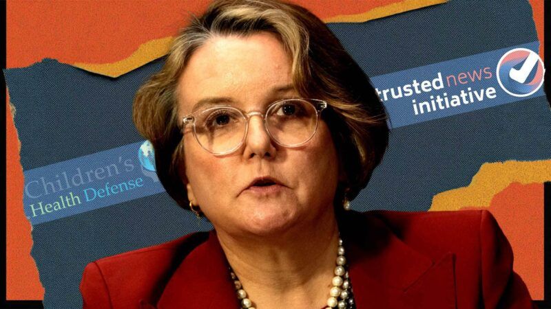 Illustration of Abigail Slater in front of Children's Health Defense and Trusted News Initiative logos. | Illustration: Eddie Marshall | Mattie Neretin | CNP | Polaris | Newscom | Children’s Health Defense | Trusted News Initiative | Midjourney
