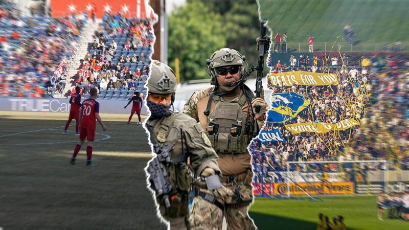 Soccer fans in a stadium, with ICE officers in the middle. | Illustration: Eddie Marshall | Wikimedia Commons