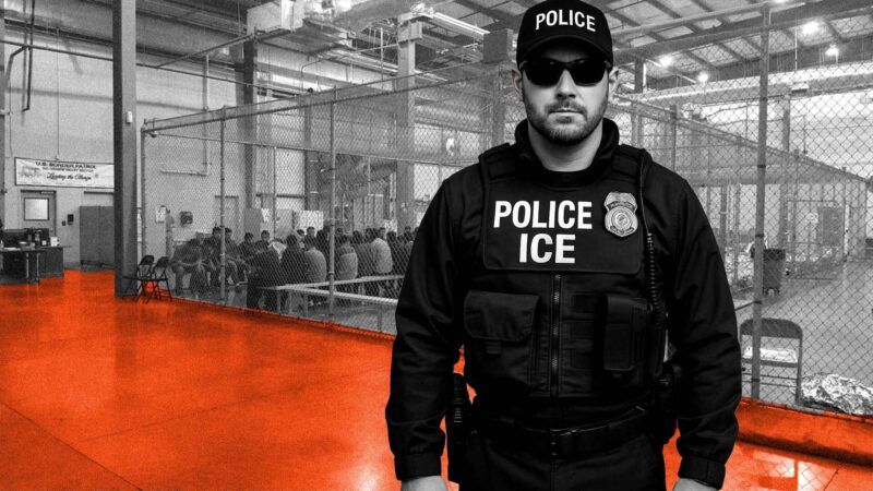 A picture of an ICE agent, with a background photo of an ICE detention facility | Illustration: Eddie Marshall | U.S. Customs and Border | MEGA| Newscom | CJMAR | Newscom ChatGPT