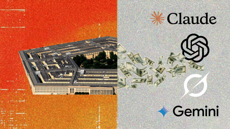 Illustration of money flowing from the Pentagon to Claude, OpenAI, Grok, and Gemini | Illustration: Eddie Marshall | Jen Golbeck | ZUMAPRESS | Newscom | Subbotina | Dreamstime.com | Midjourney