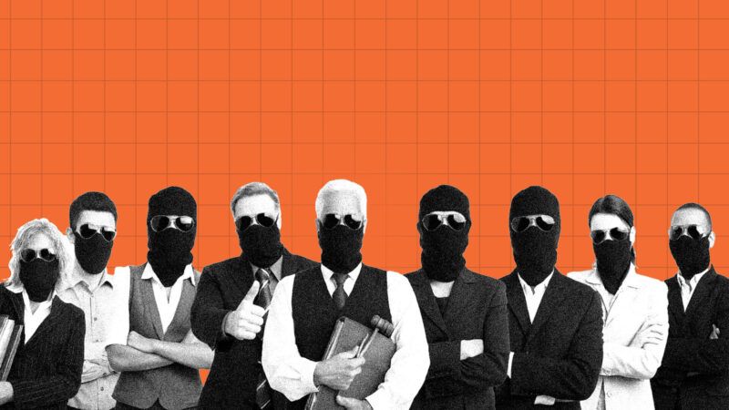 An orange background and a row of black and white figures wearing masks | Illustration: Eddie Marshall | Robert Kneschke | Dreamstime.com | ChatGPT