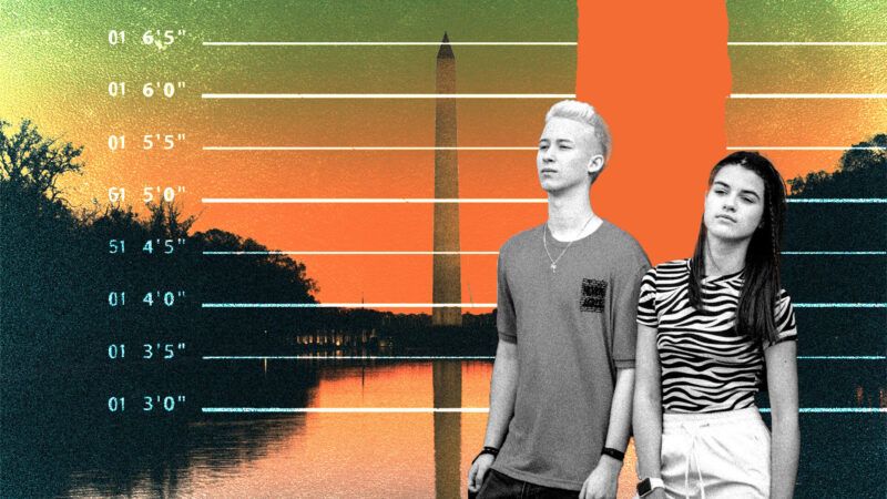 A teenage boy and teenage girl in front of an image of the Washington Monument with a chart of crime statistics in front of it | Illustration: Eddie Marshall | Rigmanyi | Dreamstime.com | Patrik Velich | Harrison Mitchell | Unsplash