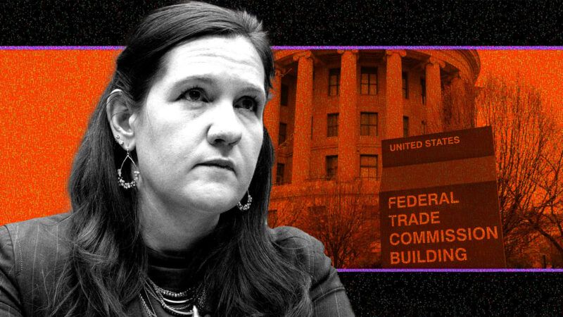 Illustration of Rebecca Kelly Slaughter in front of the Federal Trade Commission building. | Illustration: Eddie Marshall | Mattie Neretin | Sipa USA | Newscom | Paul Brady | Dreamstime.com | Midjourney