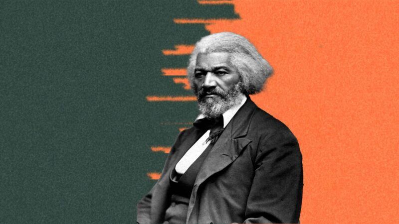 Frederick Douglass in black and white against a green and orange background | Illustration: Eddie Marshall | George Kendall Warren |  Midjourney