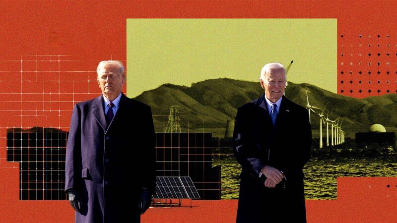 Trump on the left, Biden on the right, with a yellow and red background that includes mountains, wind turbines, and solar panels | Illustration: Eddie Marshall | Karen Ballard | ZUMAPRESS |Newscom | Midjourney