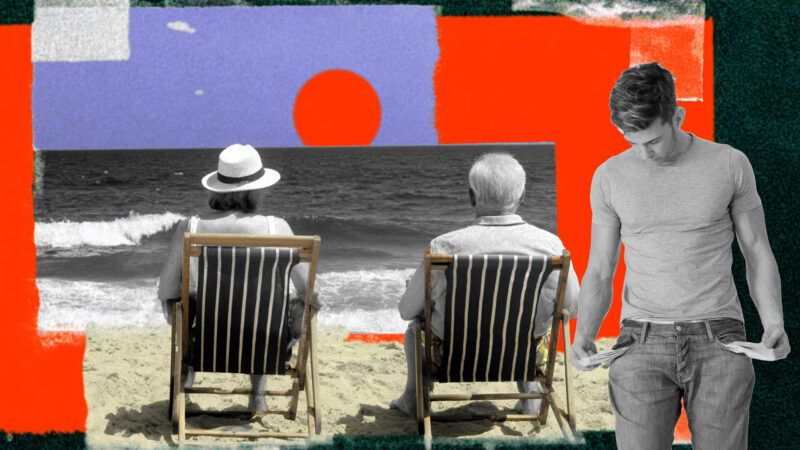 Illustration of a young man with his pockets turned out while an elderly couple relaxes on a beach | Illustration: Eddie Marshall | Ambro10 | Dreamstime.com| Midjourney