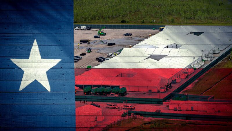 Texas Flag over a picture of an immigrant detention facility | Illustration: Eddie Marshall | Trong Nguyen | Dreamstime.com | Pedro Porta | TNS | Newscom