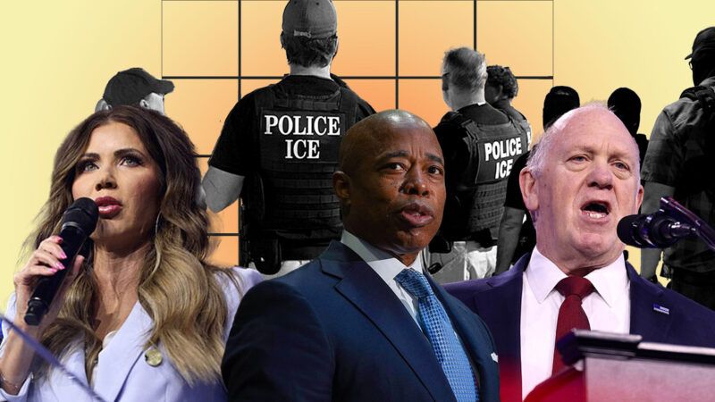 Kristi Noem, Eric Adams, and Tom Homan against a backdrop of ICE officers | Illustration: Eddie Marshall | Gage Skidmore | Metropolitan Transportation Authority of the State of New York | Department of Homeland Security | Edna Leshowitz | ZUMAPRESS | Newscom