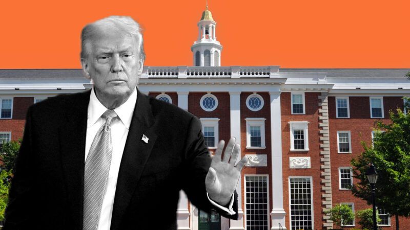 Donald Trump in front of an image of Harvard against an orange background | Illustration: Eddie Marshall | Yuri Gripas | via CNP | Polaris | Newscom | Chicco7 | Dreamstime.com