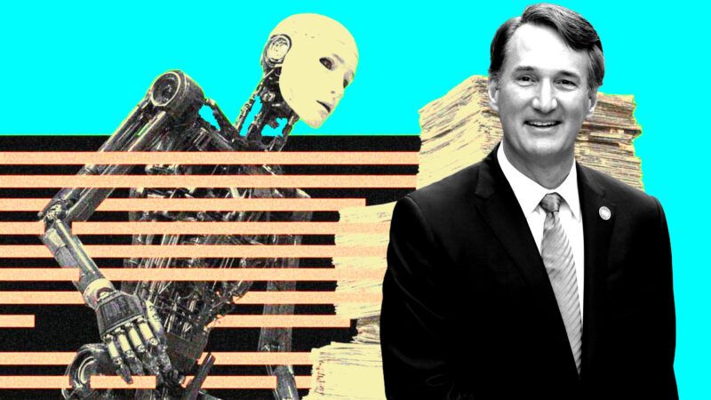 Illustration of Virginia Gov. Glenn Youngkin, a humanoid robot, and reams of paper. | Illustration: Eddie Marshall | Yasuyuki Kiriake | Jiji Press | Newscom | Midjourney