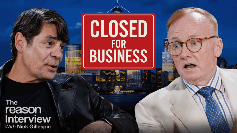 Nick Gillespie (left) and Richard E. Farley (right) are pictured in front of a nighttime image of the New York City skyline. A red sign reading “CLOSED FOR BUSINESS” hangs over a skyscraper. | Illustration: Eddie Marshall