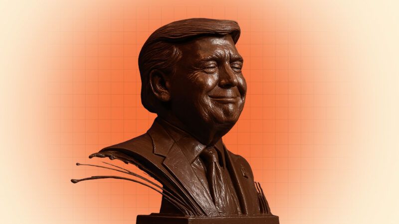 A bust of President Donald Trump, made out of chocolate, in front of an light orange burst of color. A bust of President Donald Trump, made out of chocolate, in front of an light orange burst of color. | Illustration: Eddie Marshall |Muhammad Abdullah Javed | Dreamstime.com | Midjourney