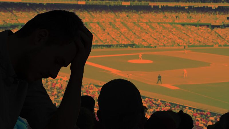 A distraught fan holds his head in his hands on the left side of the image, with a baseball field and stadium seating in the rest of the image. | Illustration: Eddie Marshall | Antonio Guillem | Jason Stitt | Dreamstime.com