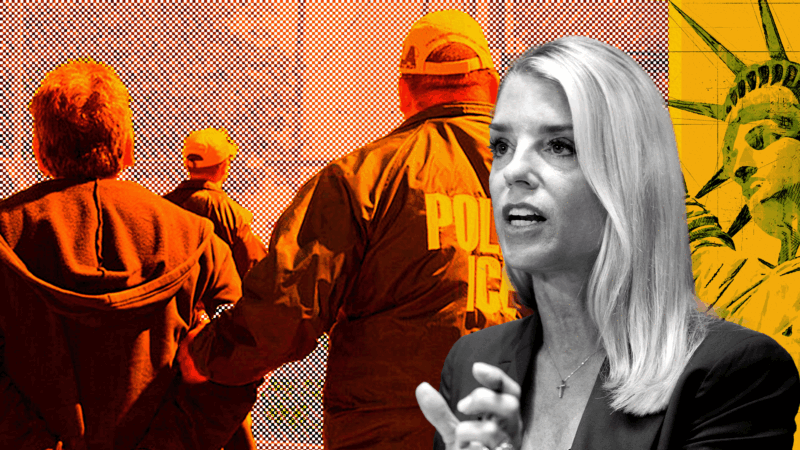 U.S. Attorney General Pam Bondi, with ICE agents in the background | Illustration: Eddie Marshall | CNP | AdMedia | SIPA |Newscom | Mariakray | Dreamstime.com