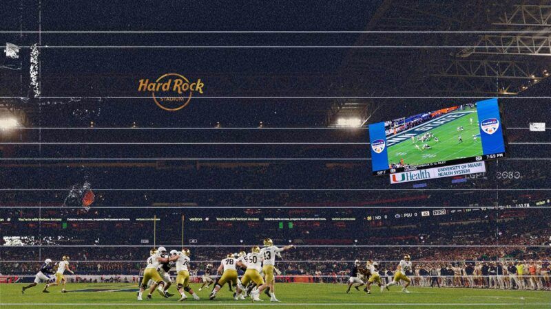A weather image of an overview of Hard Rock Stadium during a football game, with many Notre Dame football players on the ground in white jerseys and gold helmets, and a large video board in the right side of the stadium. | Illustration: Eddie Marshall | Midjourney. Photo: Joe Robbins/Icon Sportswire 573/Joe Robbins/Icon Sportswire/Newscom