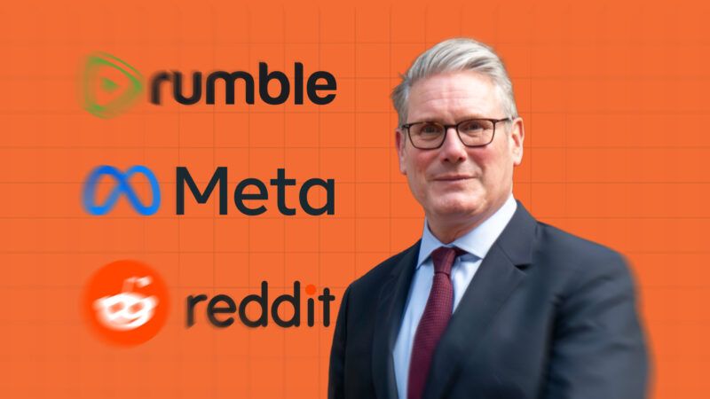 Rep. Jim Jordan (R–Ohio) with the logos of Rumble, Meta, and Reddit behind him | Illustration: Eddie Marshall | Martyn Wheatley | i-Images | Polaris | Newscom