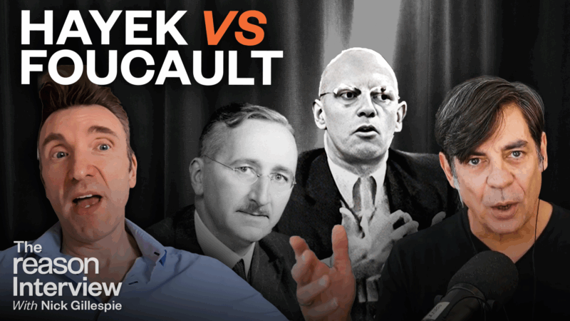 Mark Pennington is on the left, speaking with an animated expression and wearing a light blue shirt. Nick Gillespie on the right, speaking into a microphone and wearing a black shirt. Between them are black-and-white images of Friedrich Hayek and Michel Foucault. Bold text at the top reads “HAYEK VS FOUCAULT.” | Illustration: Eddie Marshall