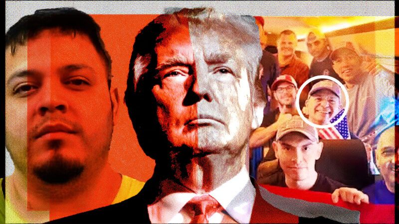 Kilmar Abrego Garcia, President Donald Trump, and Dahud Hunid Ortiz. | Illustration: Eddie Marshall | Department of Homeland Security | US State Department | Midjourney