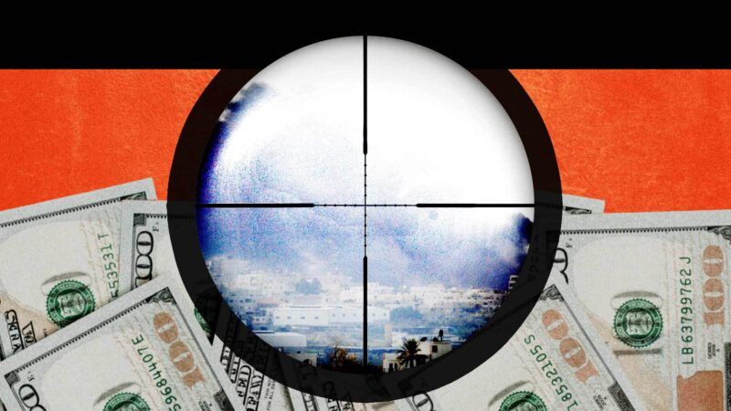 U.S. 0 dollar bills surround a sniper scope, through which a war zone is visible. | Illustration: Eddie Marshall | Caleb Sheridan | Millafedotova | Rafael Ben Ari | Dreamstime.com