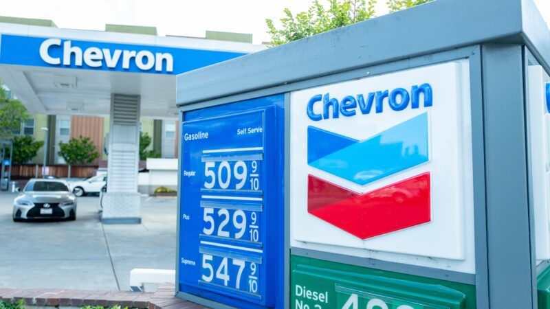 The sign at a Chevron station in Walnut Creek, California. Gas is priced between .09 and .47 per gallon, and .99 for diesel. | Gado Images/Smith Collection/Gado/Sipa USA/Newscom