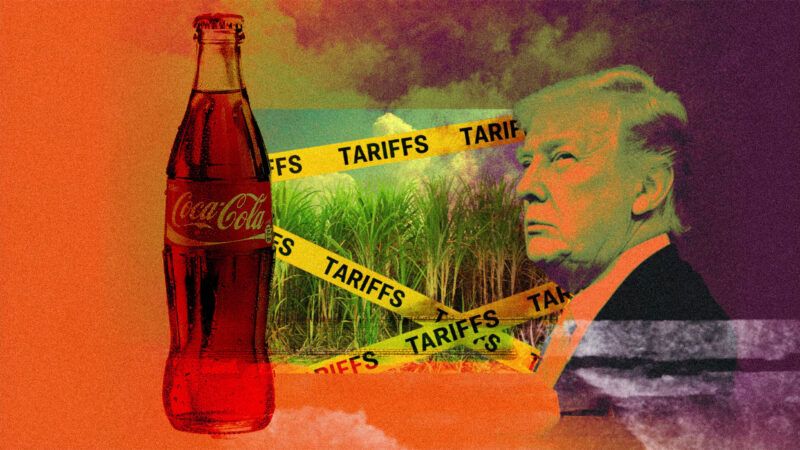 President Donald Trump alongside a bottle of Coca-Cola, and a field of sugarcane with tape across it that says "TARIFFS." | Illustration: Eddie Marshall | Viktorfischer | Ittipon | Dreamstime.com | Midjourney