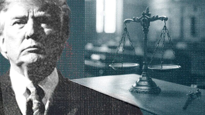 President Donald Trump, and a courtroom in which the scales of justice are present on a table. | Illustration: Eddie Marshall | Oleg Kryuchko | Dreamstime.com | Midjourney