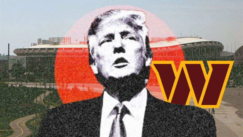 President Donald Trump, the Washington Commanders logo, and Robert F. Kennedy Memorial Stadium. | Illustration: Eddie Marshall | Ben Schumin | Midjourney