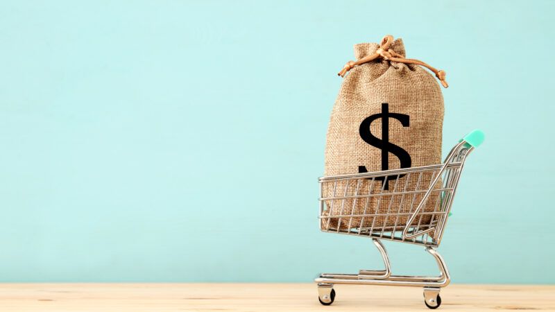A bag with a dollar sign sits inside a grocery cart on a wooden surface against a bright blue background | ID 134454393 ©  Tomert | Dreamstime.com