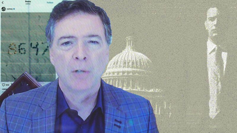 James Comey, his Instagram post with "86 47," and the U.S. Capitol. | Illustration: Eddie Marshall | Stefani Reynolds | Pool via CNP | SplashNews | Midjourney