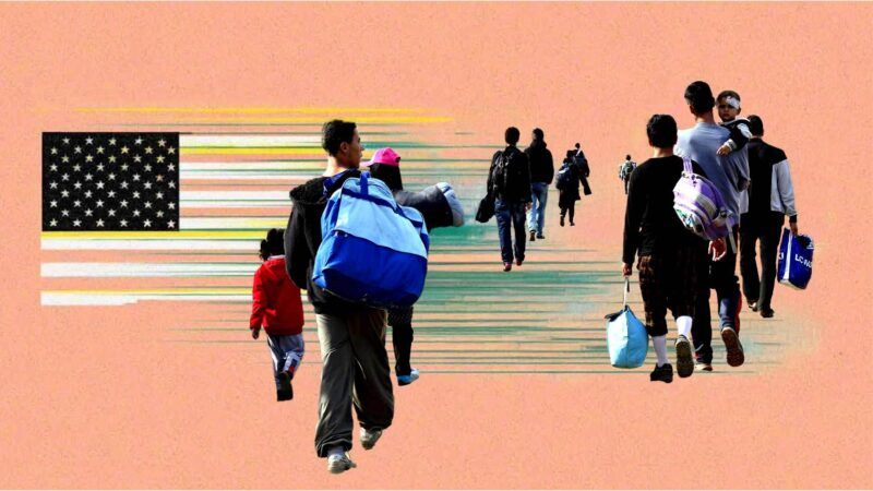 A group of immigrants walk by the American flag | Illustration: Eddie Marshall | Radek Procyk | Dreamstime.com | Midjourney