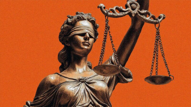 Lady Justice is seen against an orange background | Illustration: Eddie Marshall | Midjourney
