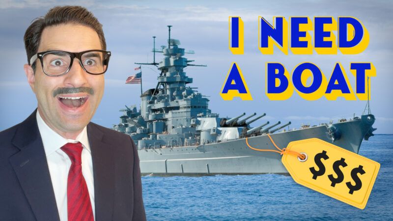 Happy Remy smiles in front of a battleship with a large price tag attached. Happy Remy smiles in front of a battleship with a large price tag attached. | ReasonTV