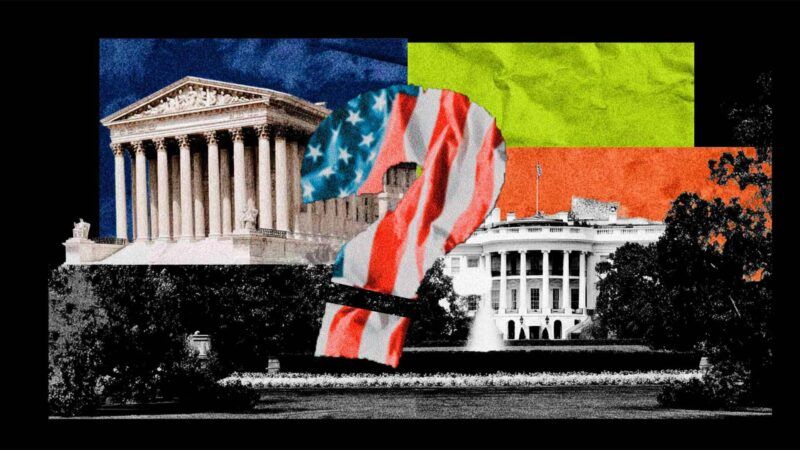 The Supreme Court and the U.S. Capitol, with an American flag-print question mark in between. The Supreme Court and the U.S. Capitol, with an American flag-print question mark in between. | Illustration: Eddie Marshall | Midjourney