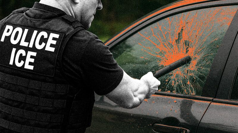 An illustration of an ICE agent smashing a car window | Illustration: Eddie Marshall | ChatGPT