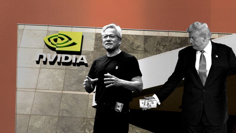 Illustration of President Donald Trump taking money out of Nvidia CEO Jensen Huang's pocket Illustration of President Donald Trump taking money out of Nvidia CEO Jensen Huang's pocket | Illustration: Eddie Marshall | VCG | Newscom | Mattie Neretin | CNP | Polaris | Newscom Valeriya Zankovych | Dreamstime.com