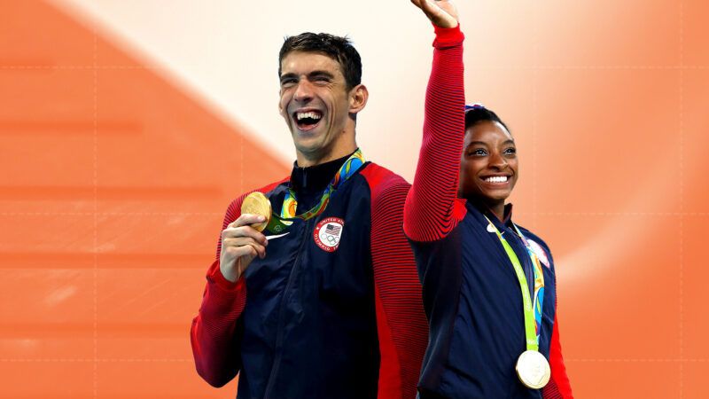 Against an orange background, Michael Phelps has a huge smile as he holds up his gold medal in his right hand,a nd Simone Biles waves with her right hand with a big smile as a gold medal hangs around her neck. | Illustration: Eddie Marshall | Agência Brasil | Fotografias | Fernando Frazão | Wikimedia Commons | Stockholm Paris Studio | Unsplash