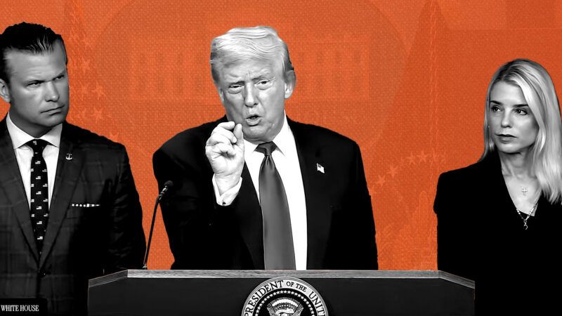 President Trump in front of an orange background, flaked by Defense Secretary Pete Hegseth and Attorney General Pam Bondi | Illustration: Eddie Marshall | White House | Youtube | Annie Spratt