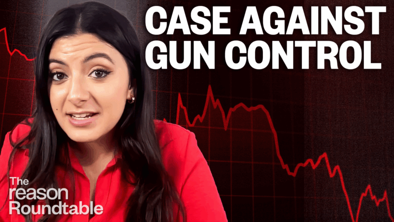 Reem Ibrahim, wearing a bright red shirt, speaks in front of a background featuring a downward-trending line graph. Large white text in the upper right corner reads "CASE AGAINST GUN CONTROL." | Illustration: Eddie Marshall