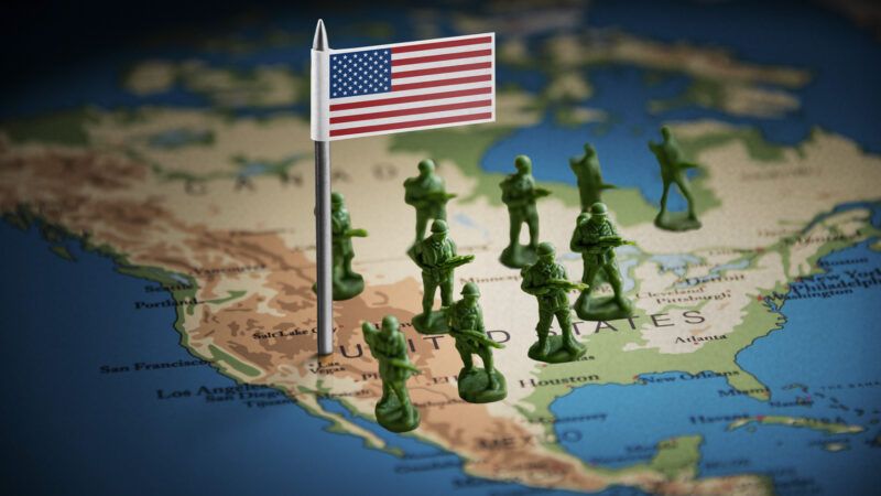 Toy army figures and a small American flag on a map of the United States | Illustration: Eddie Marshall | Butenkow | Dreamstime.com | Midjourney