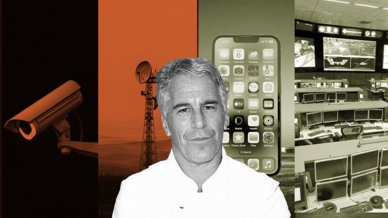 A black and white image of Jeffrey Epstein in the middle, orange and black tinted images of surveillance equipment on the left, and green tinted images of smartphones on the right | Illustration: Eddie Marshall | Palm Beach County Sheriff's Department | Bdingman | Prykhodov | Midjourney