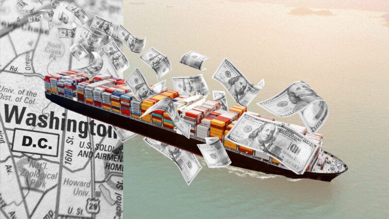 Illustration of dollars flowing from a cargo ship to Washington, DC | Illustration: Eddie Marshall | Kacpura | Zimmytws | Tawatchai Prakobkit | Dreamstime.com