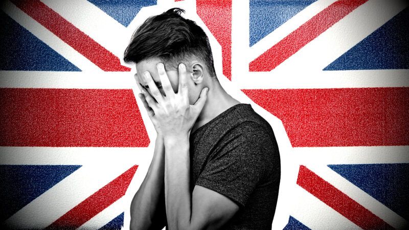 A man holds his head in his hands against a backdrop of the red, white, and blue British flag. | Illustration: Eddie Marshall | Kiosea39 | Vlad Ivantcov | Dreamstime.com
