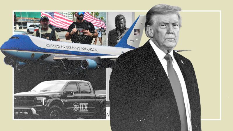 An illustration of Donald Trump alongside Air Force One, an ICE vehicle, and some ICE agents | Illustration: Eddie Marshall | Architect of the Capitol | Raw Pixel | Michele Eve Sandberg | Joey Sussman | ZUMA Press | Newscom | redlegsfan21