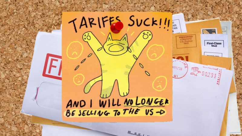A drawing of a cat crying, with the text "Tariffs suck! And I will no longer be selling to the U.S." | Illustration: Eddie Marshall | Ivelinr | Pablo631 | Dreamstime.com | obsobbs | Instagram
