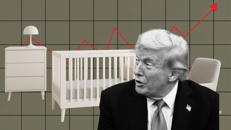 Illustration of President Donald Trump in front of pieces of furniture and an upward trending graph | Illustration: Eddie Marshall | Al Drago | Pool via CNP | MEGA | RSSIL | Newscom